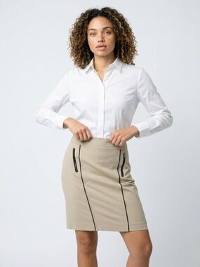 Ann Taylor Taupe Pencil Skirt with Black Trim and Zipper Details